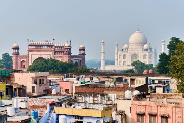 Taj Mahal white marble mausoleum landmark in Agra, Uttar Pradesh, India, view from rooftop